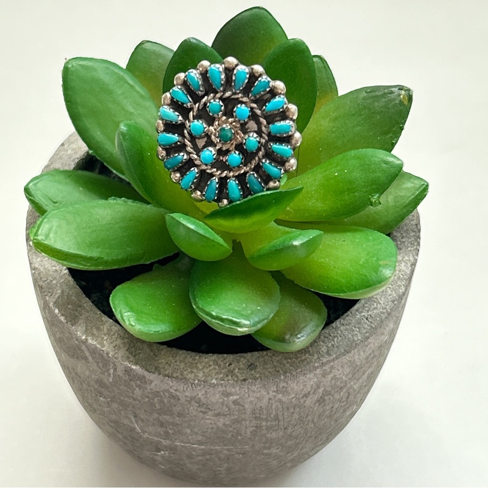 Vintage Zuni Turquoise Cluster Sterling Silver Ring - Picture 4 of 14